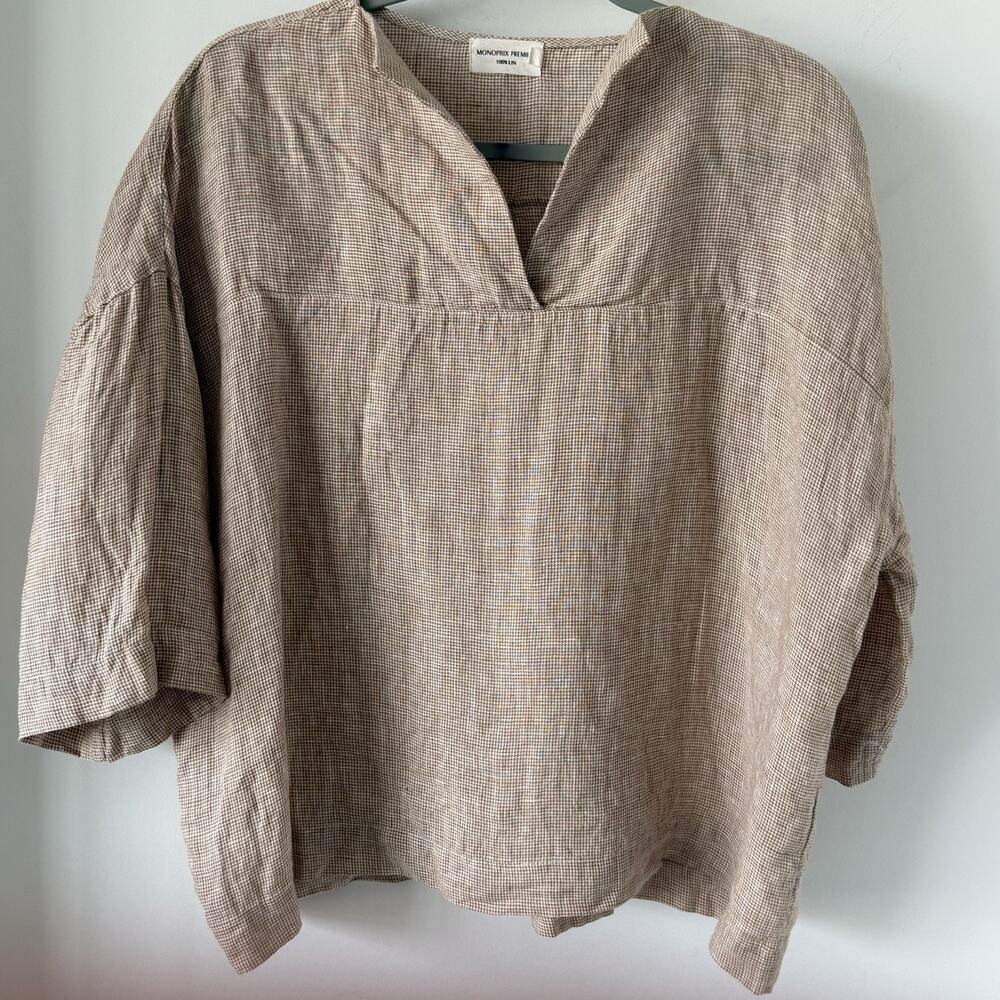 Beige Linen V-Neck Boxy Top